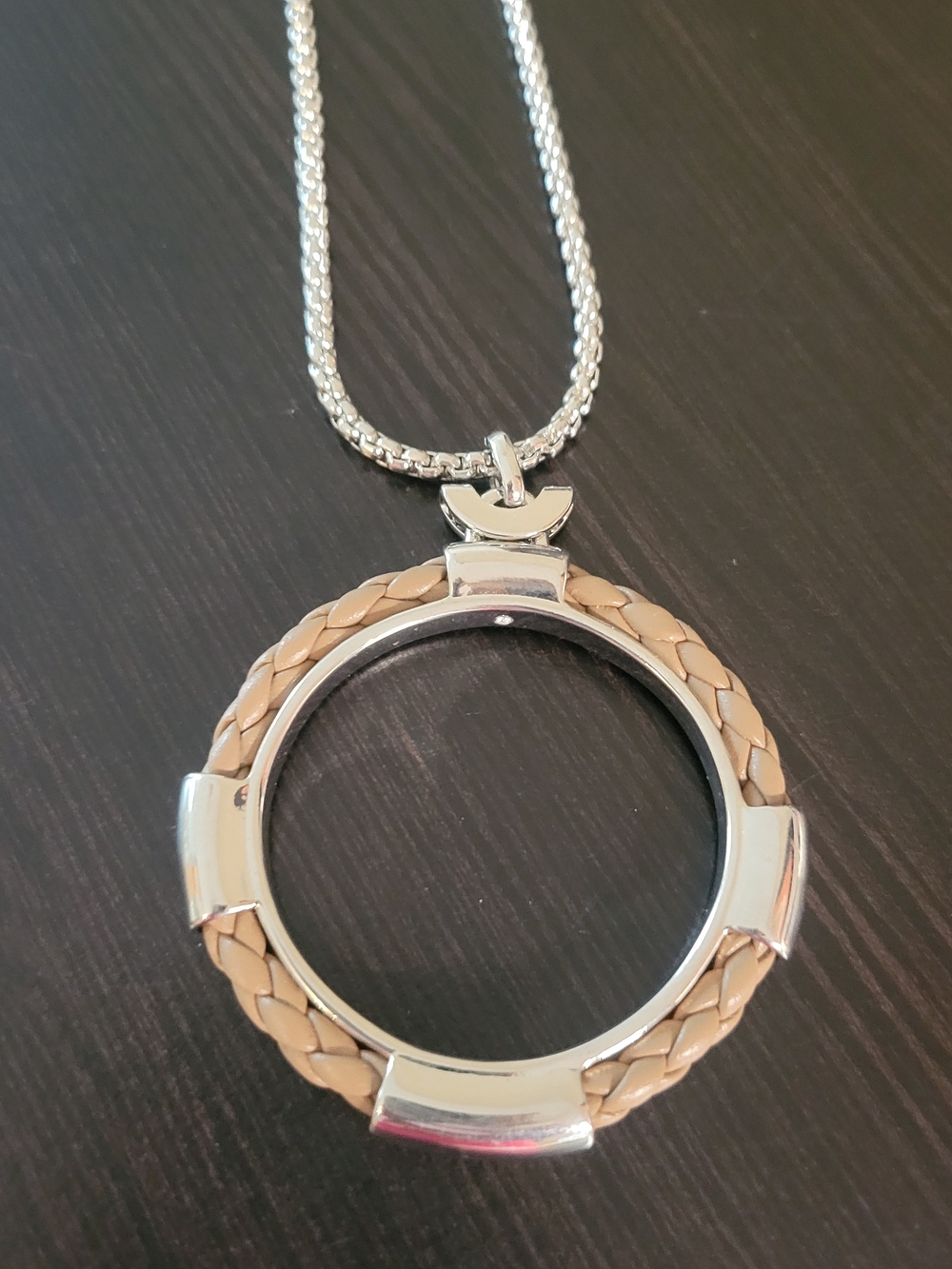 Silver Tone Pendant Necklace with Leather Detail